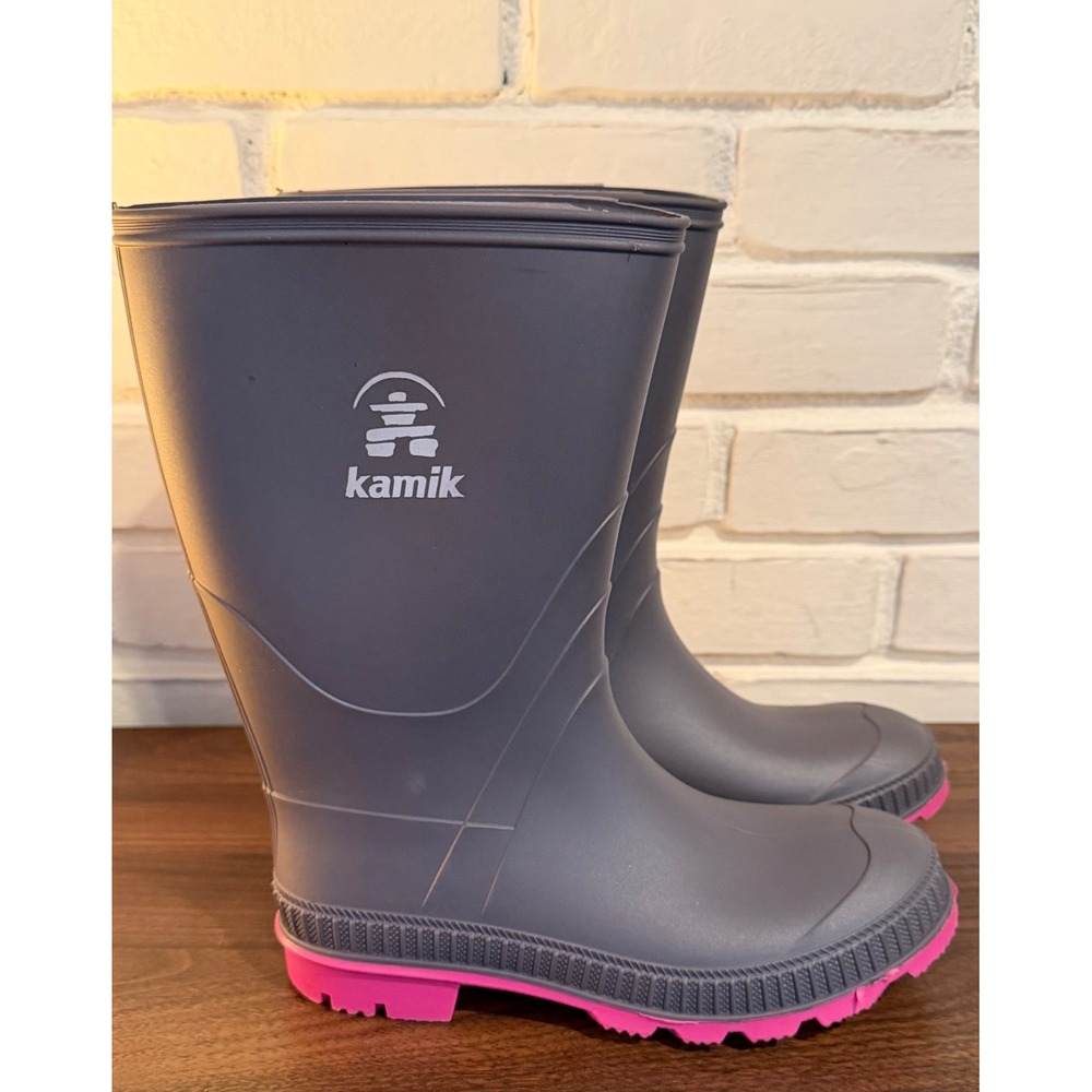Kamik Kids Gray‎ Pink Stomp Waterproof Rubber Rain Boots Size 4 Lug Sole Slip On